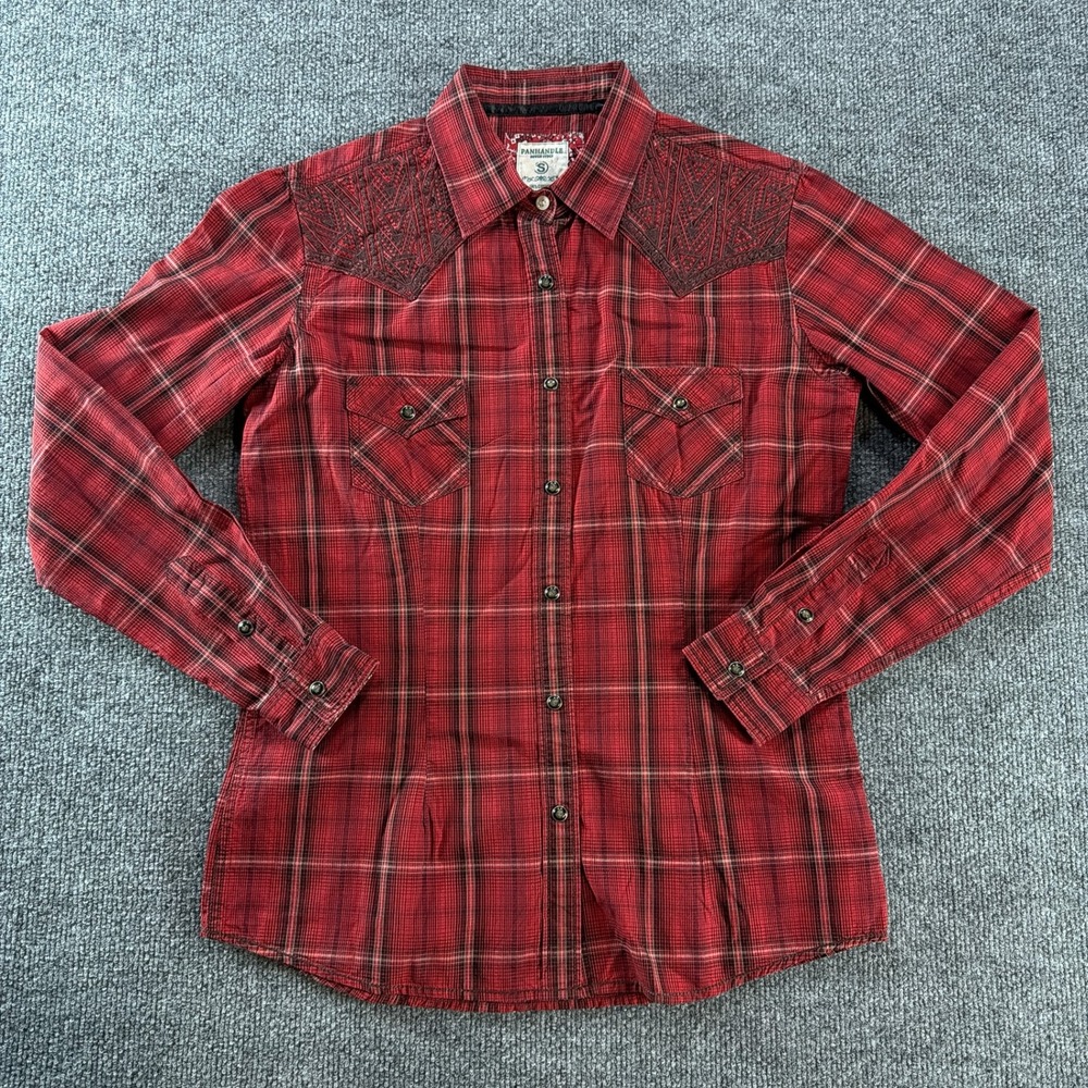 Panhandle Slim Rough Stock Womens Red Plaid Embroidered Western Snap Shirt S